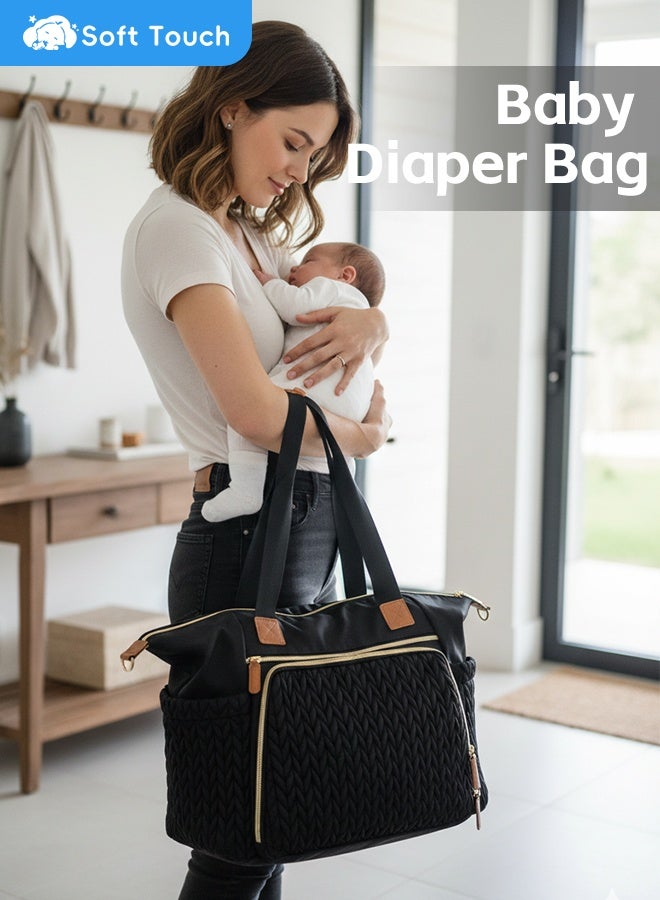 Soft Touch Diaper Bag Tote, Waterproof Mommy Bag, Large Capacity Travel Baby Diaper Bag, Hospital Bag for Labor Delivery, Nappy Bag with Pacifier Case, Changing Pad and Shoulder Strap (Black) - Image 3